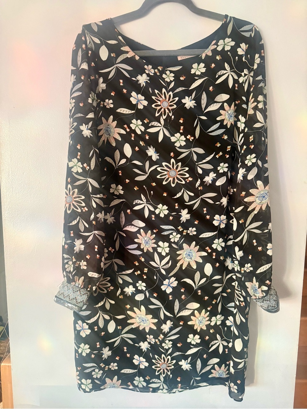Esqualo Black Floral Voile Long-Sleeve Dress - Size 12